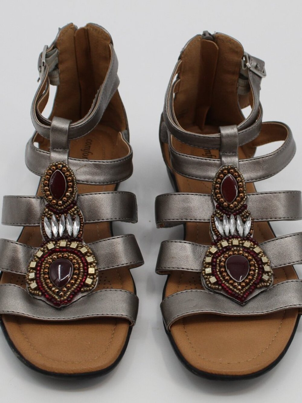 COMFORTVIEW SILAS‎ Beaded Pewter Gladiator Sandals Sz 7.5 M Strappy Flats
